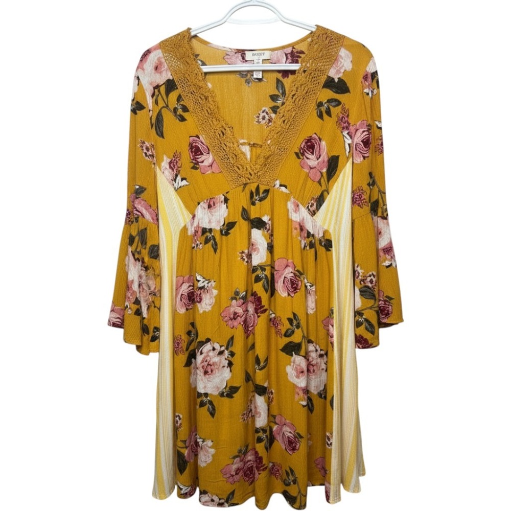 Umgee Mustard Yellow Floral Crochet Lace V-Neck Bell Sleeve Tunic Dress M A4624